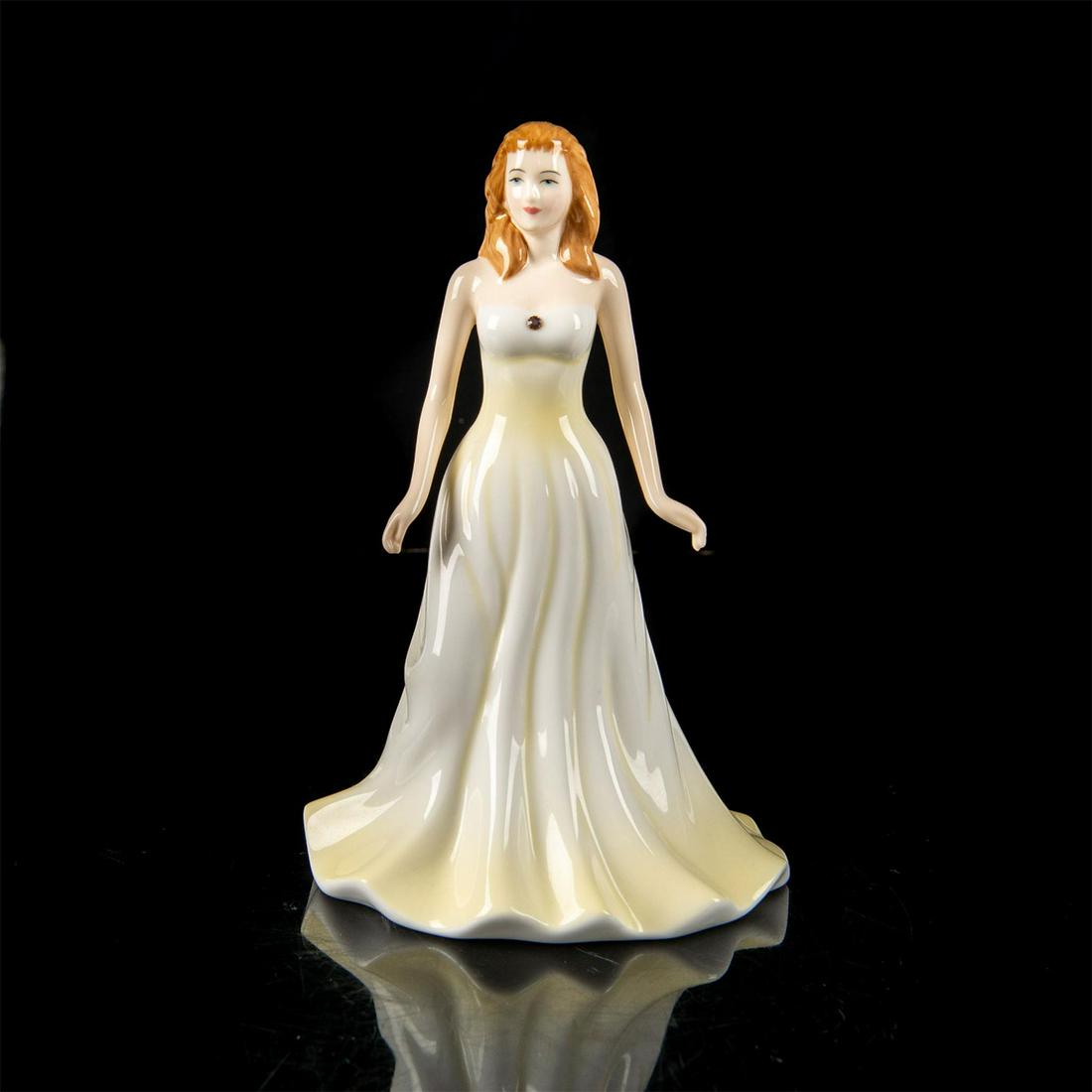 June HN4975 (Pearl) - Royal Doulton Figurine: Bone China. She wears a light yellow and white dress with a Swarovski gemstone on her chest. Series: Gemstones. Royal Doulton backstamp. Artist: Tom Mason Issued: 2006 - 2007 Dimensions: 6.25"H Manufa