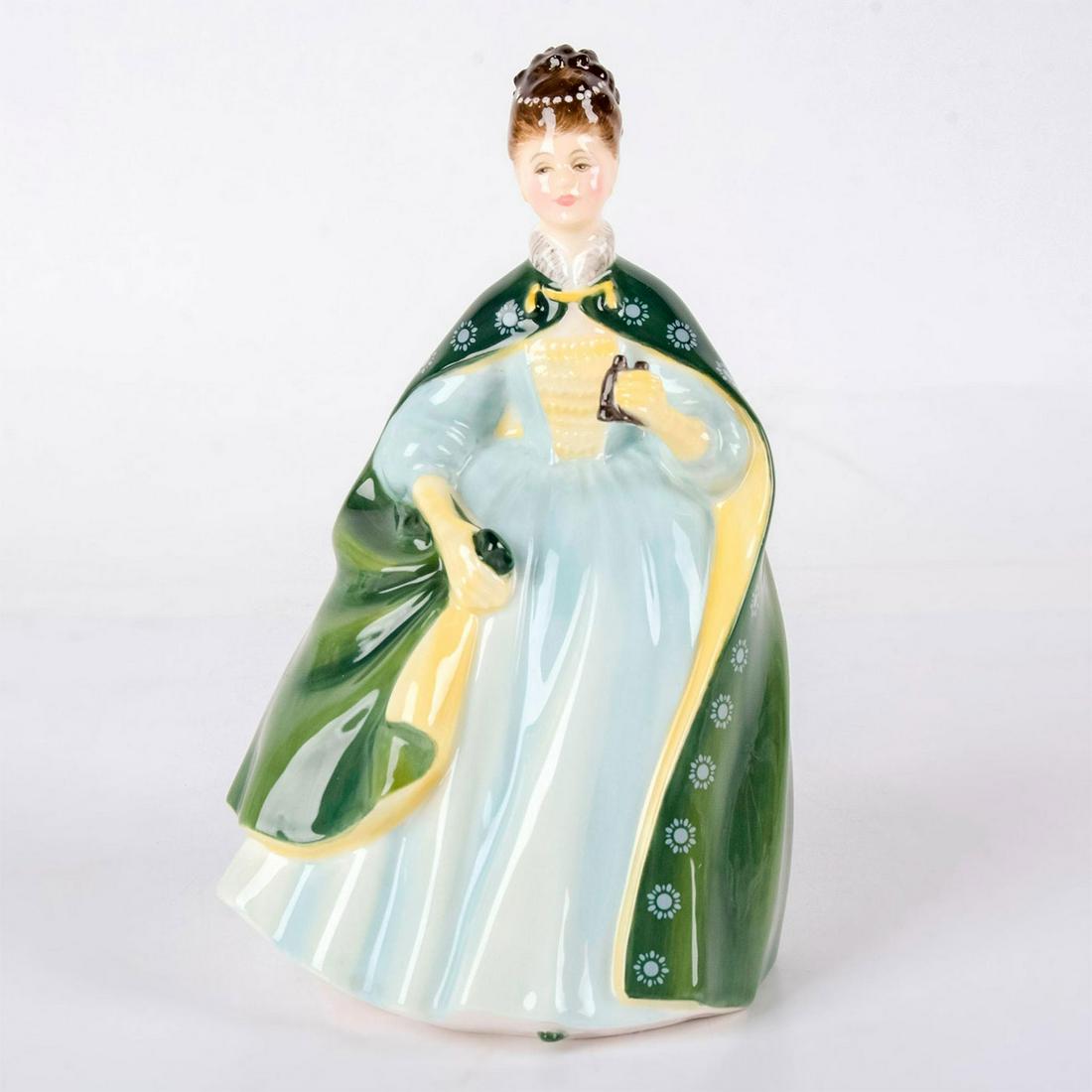 Premiere HN2343 - Royal Doulton Figurine: Bone China. She wears a blue and yellow dress and holds the side of her green cloak. Series: Peggy Davies Classic. Royal Doulton backstamp. Artist: Peggy Davies Issued: 1969 - Unknown Dimensions: 7.5"