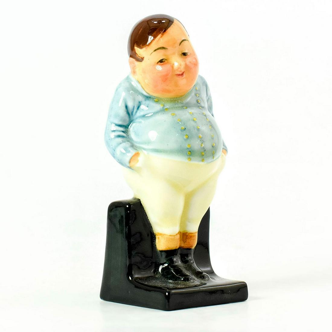 Royal Doulton Figurine, Charles Dickens Fat Boy M44: Porcelain figurine of Fat Boy from Dicken's "The Pickwick Paper". Blue jacket and white pants, Royal Doulton backstamp. Good condition. #CharlesDickens Issued: 20th c. Dimensions: 4"H Manufacturer: Ro