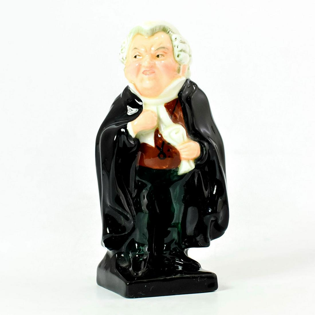 Royal Doulton Figurine, Charles Dickens Buz Fuz M53: Porcelain figurine of Serjeant Buzfuz's from Dicken's "The Pickwick Paper". Black coat and red vest. Royal Doulton backstamp. Good condition. #CharlesDickens Artist: Leslie Harradine Issued: 1932 - 19