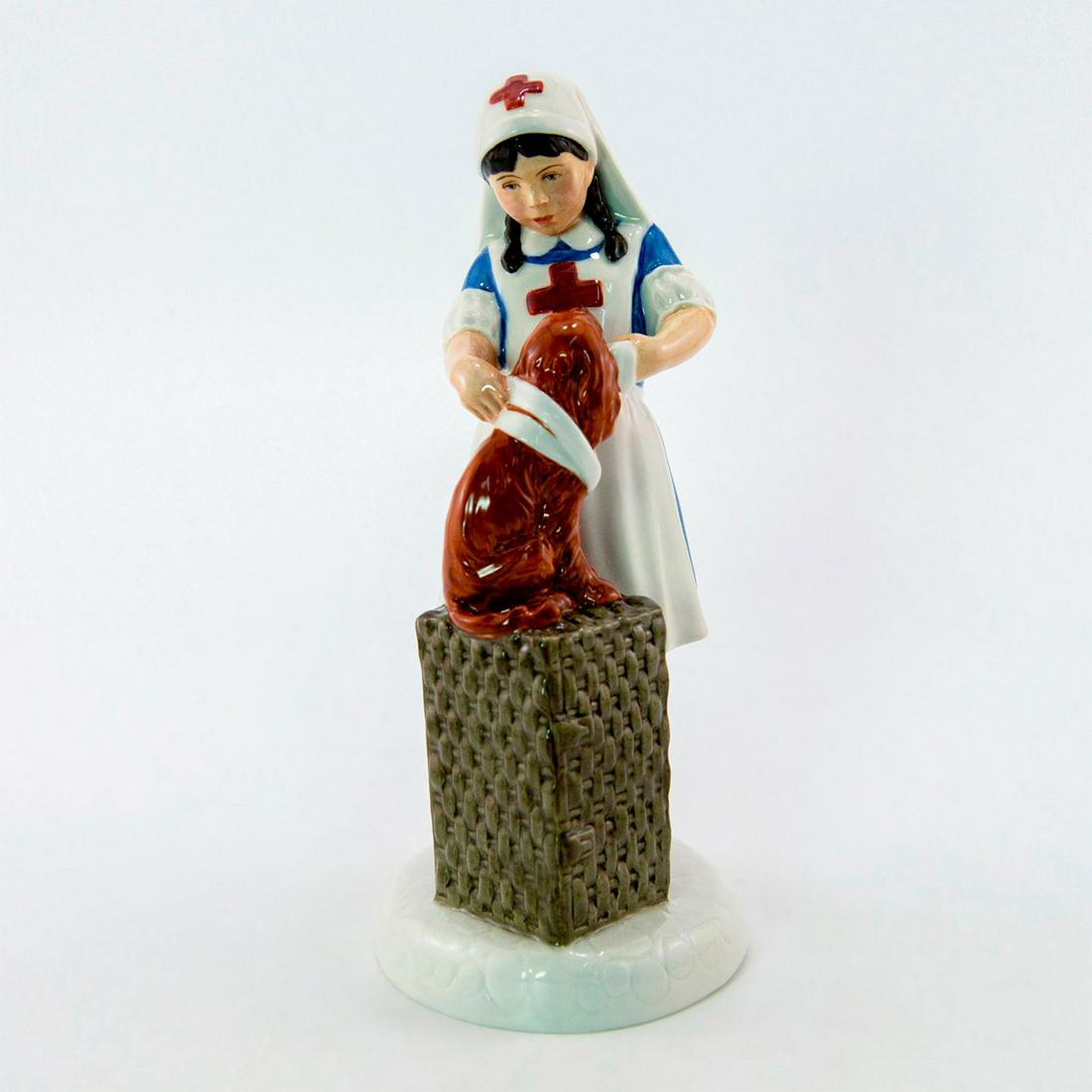 It Won't Hurt HN2963 - Royal Doulton Figurine: Young girl in a veterinary nurse uniform, caring for her dog. Series: Childhood Days. Royal Doulton backstamp. Artist: Pauline Parsons Issued: 1982 - 1985 Dimensions: 7.5"H Manufacturer: Royal Doulton