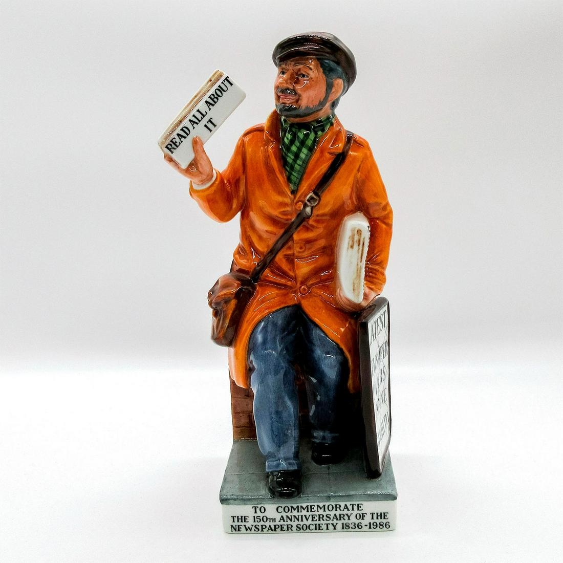 News Vendor HN2891 - Royal Doulton Figurine: Commemorates the 150th Anniversary of the Newspaper Society. Limited edition 1480 of 2500. Doulton backstamp. Artist: William K. Harper Issued: 1986 Dimensions: 8"H Manufacturer: Royal Doulton Country