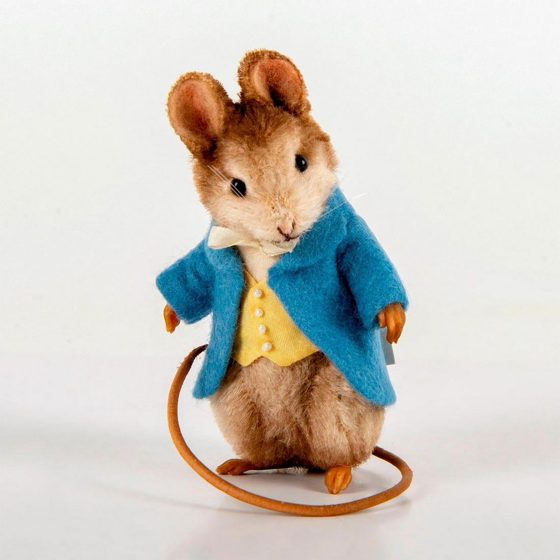 R. John Wright Doll, Beatrix Potter, Johnny Town-Mouse: Fully jointed mohair mouse wearing a blue felt jacket and yellow silk vest. Limited edition number 399. Original box, certificate of authenticity, and The Tale of Johnny Town-Mouse booklet included. W