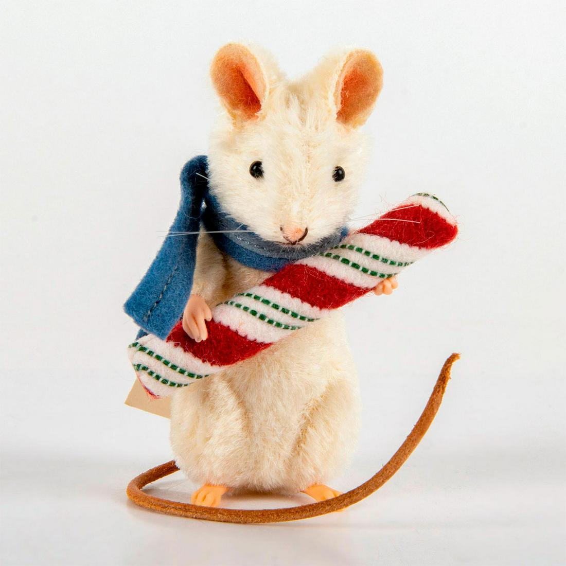 R. John Wright Doll, Christmas Mice, Nibbles: Mohair mouse with jointed neck, arms, and shoulders, embroidered features, glass eyes, resin hands, and leather tail. Holds felt peppermint stick. First in the Christmas Mice collection. Made exclusiv