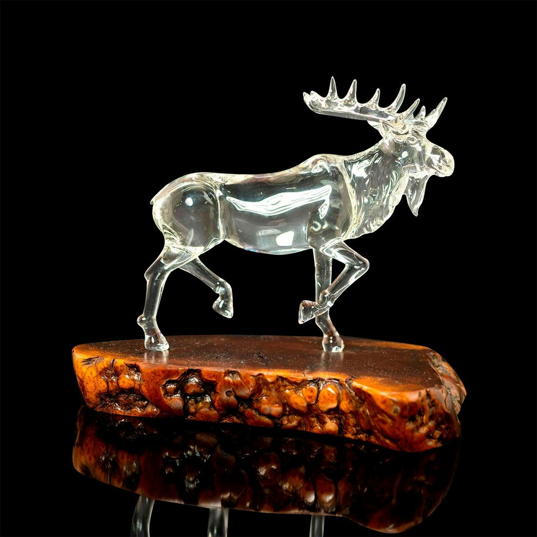 Hand Blown Art Glass Figurine, Moose on Burl Wood Stand (1 of 3)