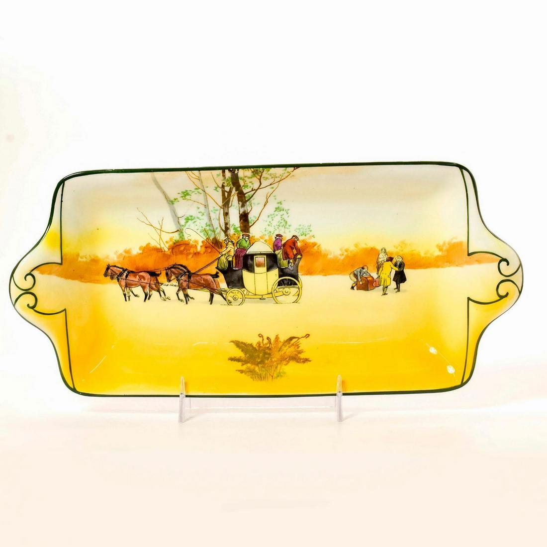 Royal Doulton Seriesware Sandwich Tray, Coaching Days: Horse and carriage scene. Ceramic; glazed finish. Brown, cream and green coloration. Doulton backstamp. #tray Issued: 20th c. Dimensions: 10.5"L Manufacturer: Royal Doulton Country of Origin: England