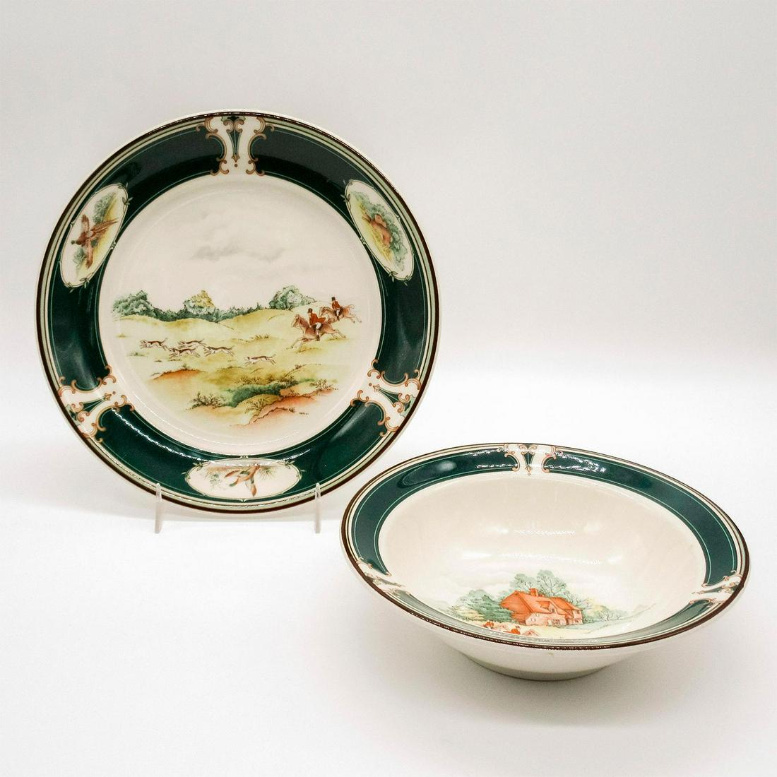 Keltcraft by Noritake Porcelain Salad Plate and Bowl: White with green band and gold trim; depicting hunting scenery. Keltcraft by Noritake backstamps. Detergent, microwave, and oven safe. Age related wear. Chip on rim of plate and bowl. Plate: 8.25"D. B