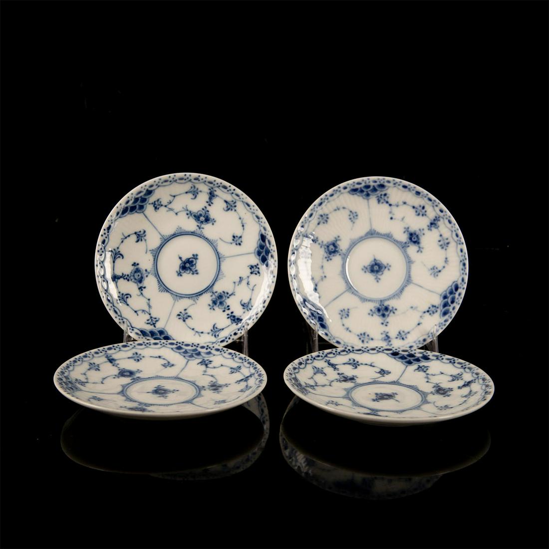 4pc Royal Copenhagen Blue Fluted Half Lace, Small: Beautiful small porcelain saucers in white and blue coloration. Number 719. Royal Copenhagen backstamp. Good condition. #RoyalCopenhagen Artist: Arnold Krog Issued: 20th c. Dimensions: 0.75"H x 5" dia