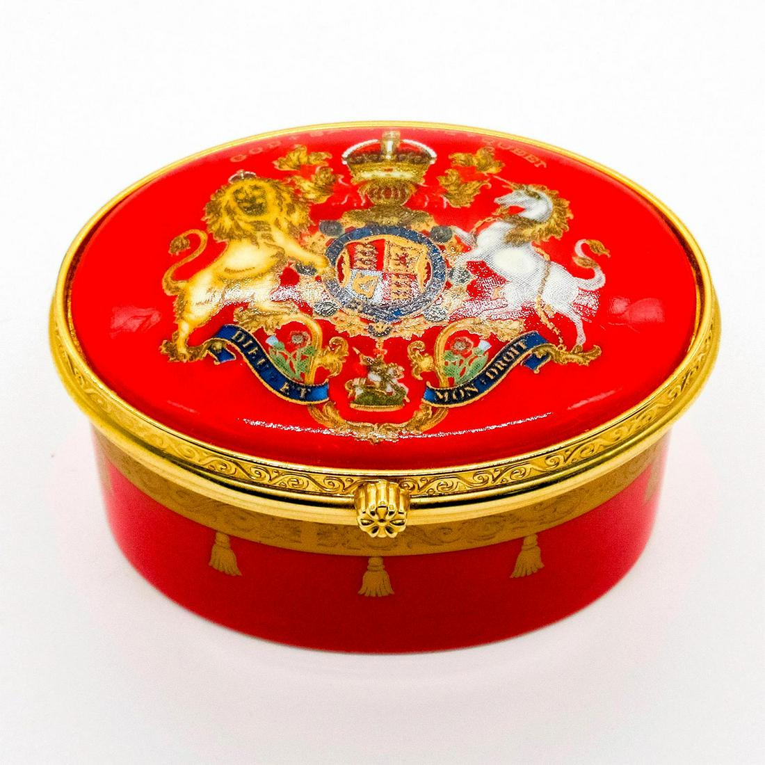 Royal Collection Buckingham Palace Trinket Box: Limited edition of 1000. English fine bone china, gilded rim. Inside reads "Her majesty Queen Elizabeth II crowned Westminster Abbey, 2nd June 1953." Royal Collection backstamp. Good condition. Weight