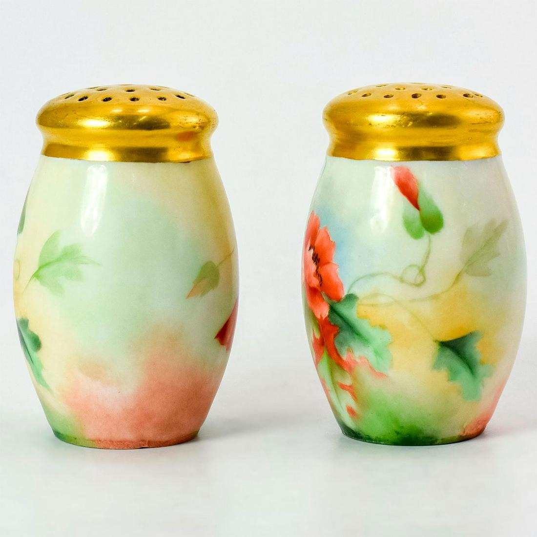 Set of 2 Vintage Salt and Pepper Shakers: Faience style porcelain. Gilded top, green and red floral design. 'St.W.A.' on the bottom. Issued: 20th c. Dimensions: 3"H