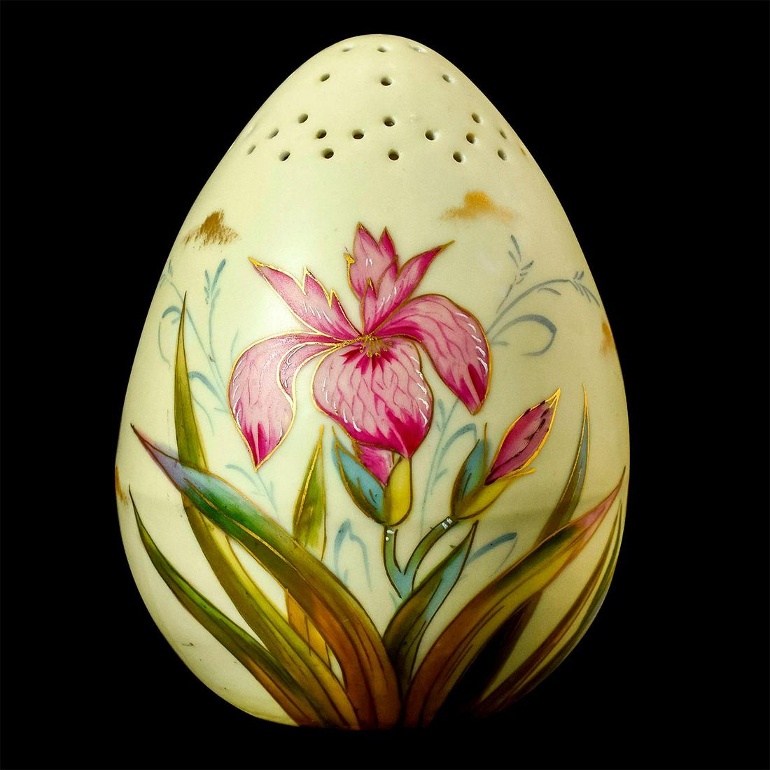 Victoria Carlsbad Porcelain Sugar Shaker, Sweet Flag: Unique egg shaped porcelain shaker. Hand-painted pink and green sweet flag iris flowers with gold gilt. Victoria Carlsbad backstamp. Comes with cork stopper. Age related ware. Good condition. #S&Pshak