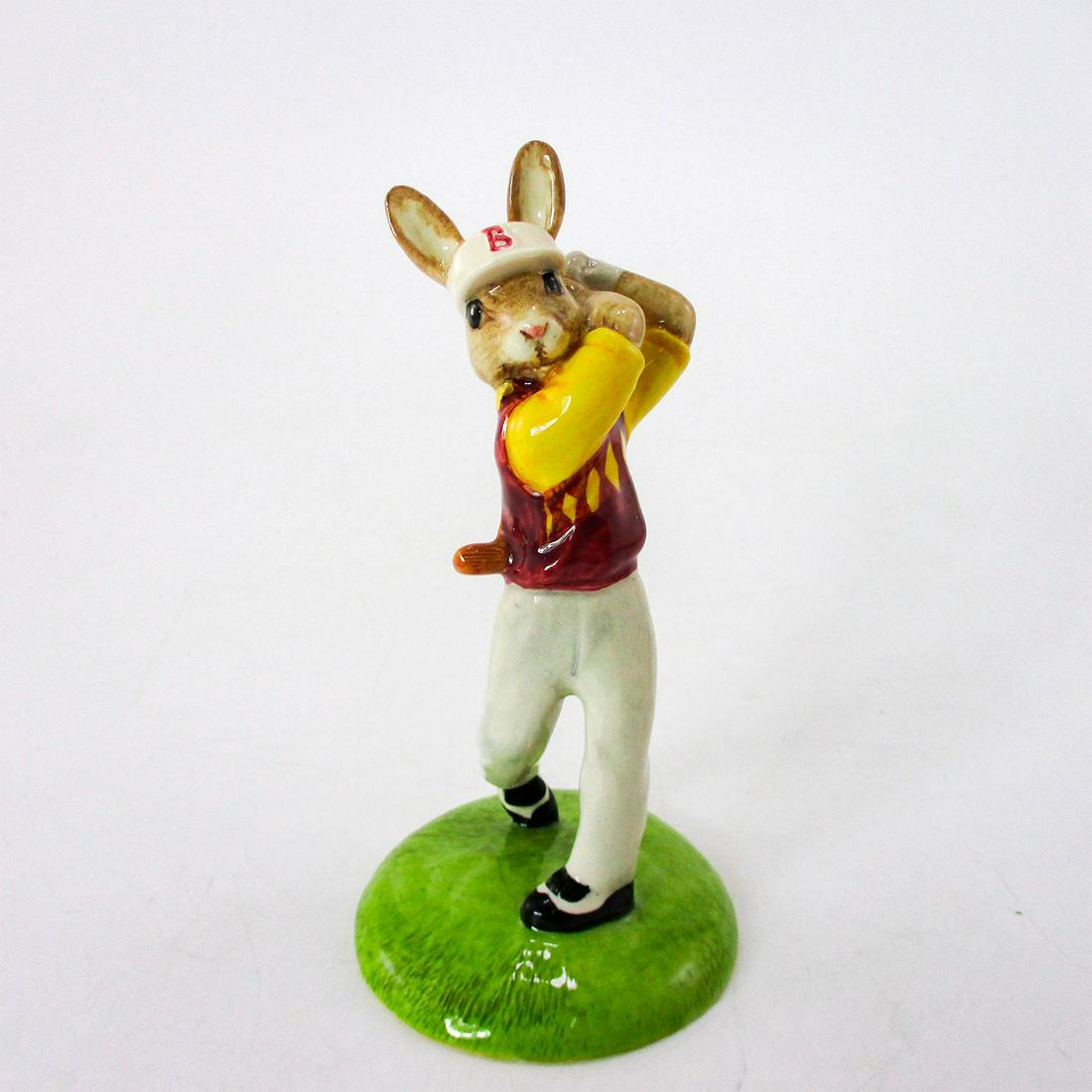 Golfer DB255 - Royal Doulton Bunnykins: Bunny in golfer uniform an club with yellow and purple. Royal Doulton backstamp. #golf #sport #bunnykins Artist: S. Ridge Issued: 2001 - 2002 Dimensions: 5.25"H Manufacturer: Royal Doulton Country of 