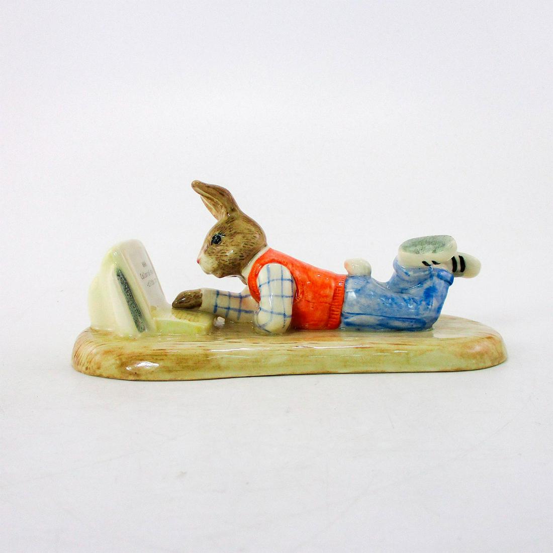 Online Bunnykins DB238 - Royal Doulton Bunnykins: Bunny laying down in front of a laptop in orange vest and blue trousers. Limited edition 301 of 2500. Royal Doulton backstamp. #online #laptop #bunnykins Artist: S. Ridge Issued: 2001 Dimensions: 2.75