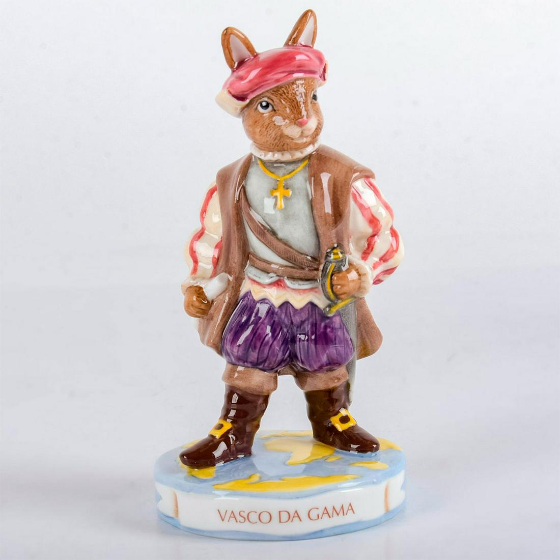Vasco Da Gama DB413 - Royal Doulton Bunnykins: Limited edition of 500; Great Explorers Bunnykins Collection; dressed in authentic period costume. With original box and information card. Royal Doulton backstamp. Artist: C. Dadd Issued: 2008 Dimensi
