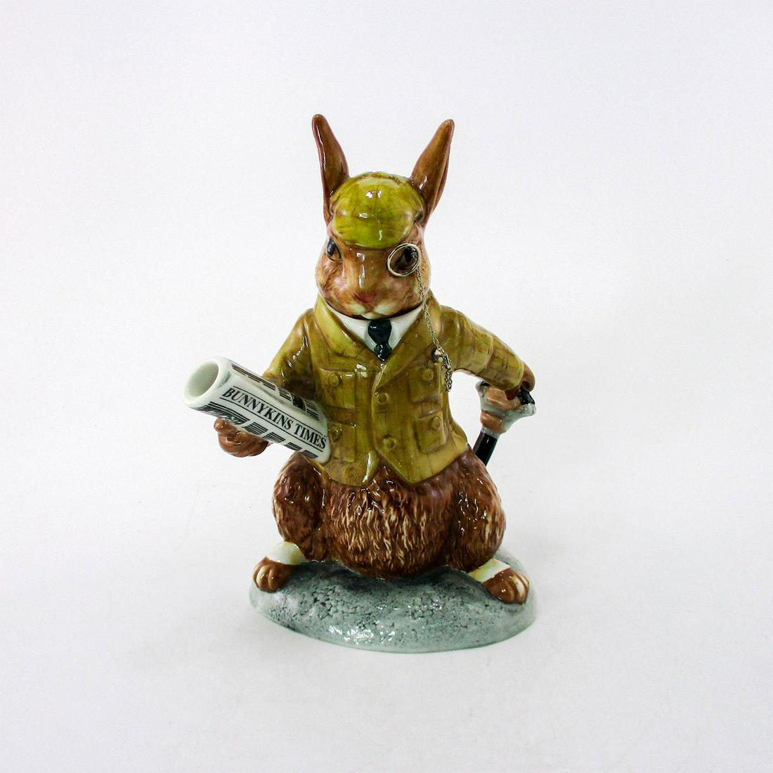 Royal Doulton Bunnykins Coffee Pot, Lord Of The Manor: Limited edition; head acts as removable lid. Wears a monocle with metal chain. With original box and information card. Royal Doulton backstamp. Michael Doulton signature on underside. Good condition. 