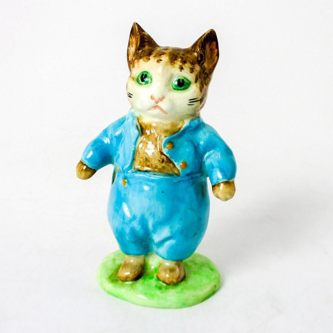 Beswick Beatrix Potter Storybook Figurine, Tom Kitten: Brown tabby kitten wearing light blue trousers and jacket. First version. Beswick Beatrix Potter gold oval backstamp. Minor crazing due to age. #tomkitten #beatrixpotter Artist: Arthur Gredington Iss