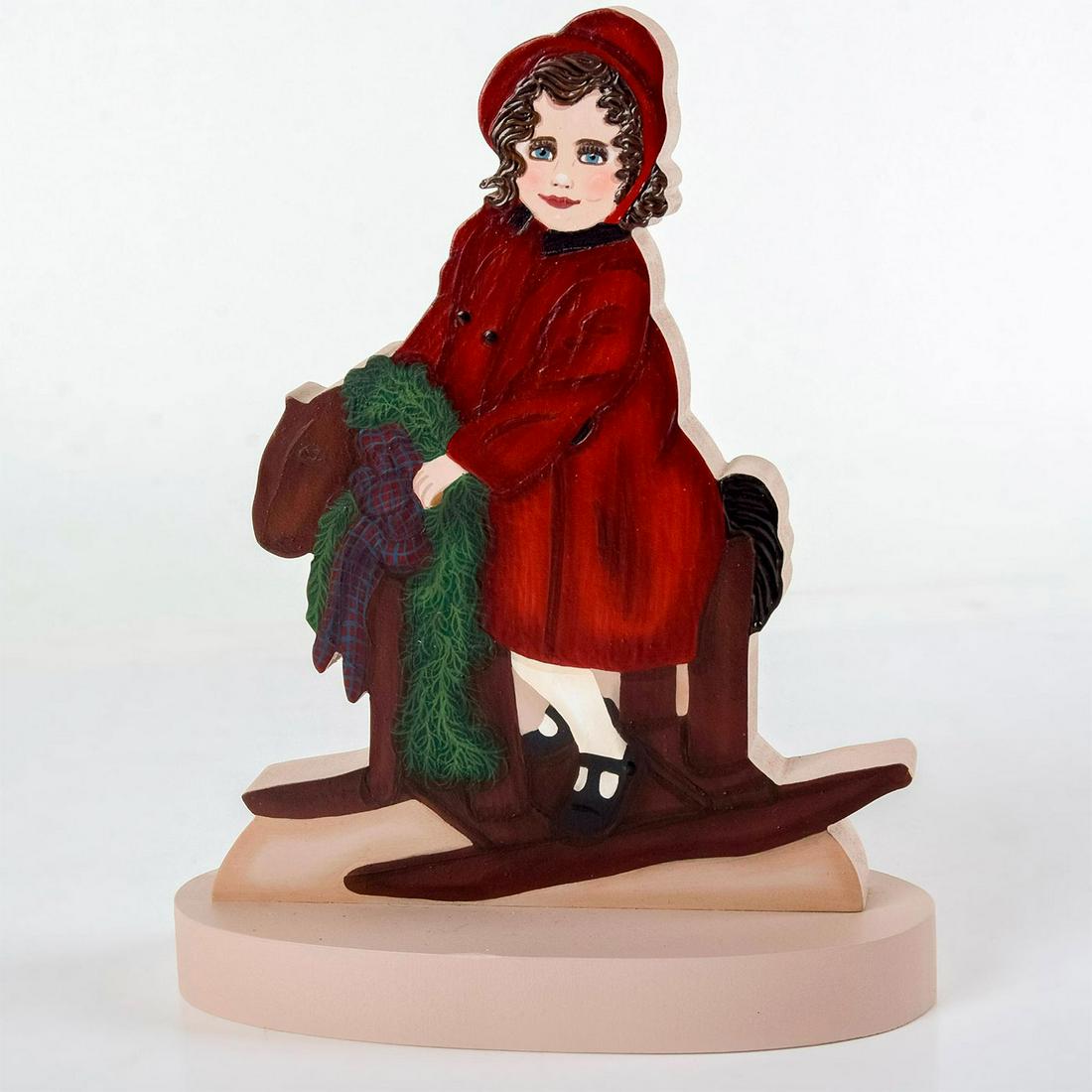 Wolfecraft Originals Wood Figure, Holiday Rocking Horse: Handpainted; little girl in red coat riding a rocking horse adorned with holiday decorations. 'Wolfecraft Originals' hand written on bottom. Good condition. #wolfecraft #christmas #wood #rockinghorse