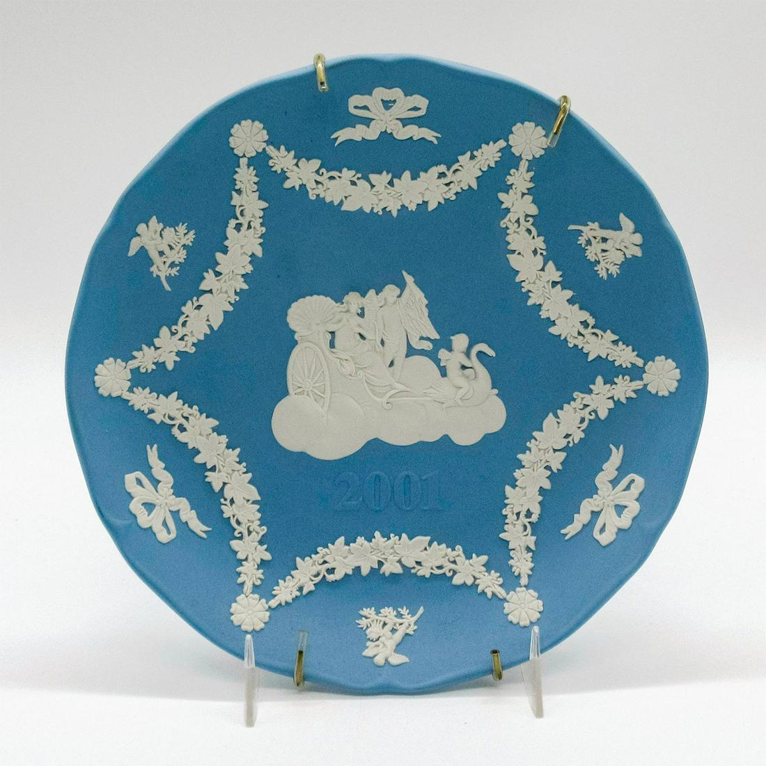 Wedgwood Pale Blue Jasperware Annual Collectors Plate,: Highly detailed cream colored decorations in relief; 2001 impressed near center of plate. Wedgwood impressed into base. Includes metal hanging frame. Good condition. #wedgwood #jasperware #plate Dimen