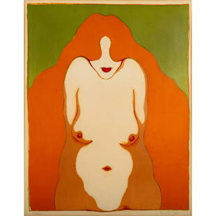 Frank Gallo (American b. 1933) signed limited edition: Abstract vibrant green and orange colors depicting a nude women. Signed lower right, pencil. Limited edition of 250. Housed in an orange wood and metal frame with a weaved inner frame. Good