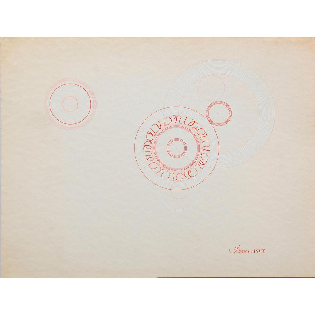 Ron Ferri (American 1932-2019) Signed, Ink on Paper,: Signed and dated in ink on lower right corner. "Neon Noel" written inside of the circle with red ink. Ron Ferri was a contemporary artist. He was a multi-media artist employing materials in both tradi