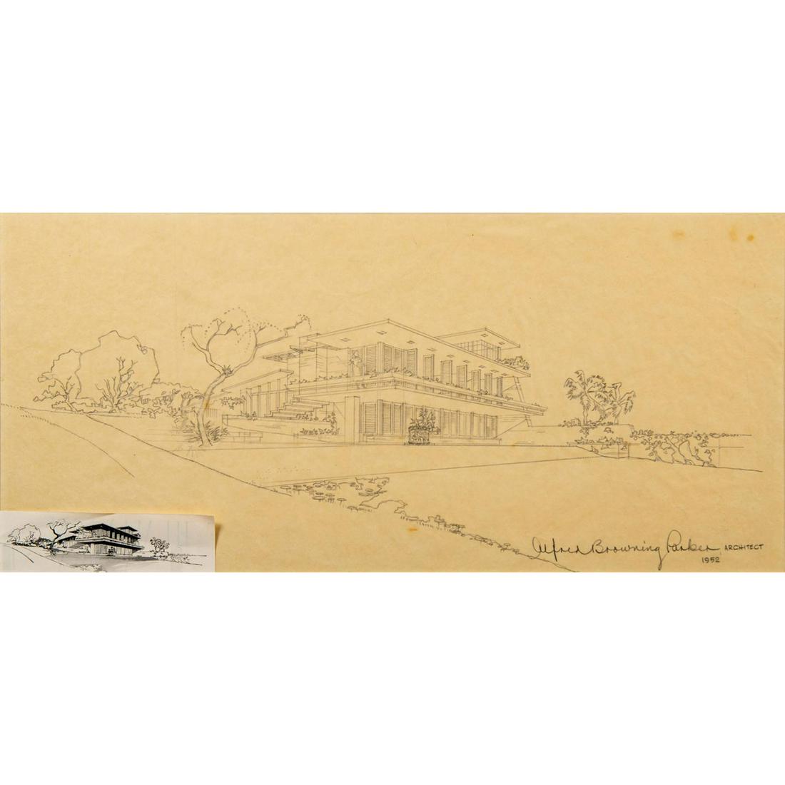 Alfred Parker (American 1916-2011) Signed, Graphite on: Graphite on paper on board; detailed drawing of a Pacesetter House in Coconut Grove, Florida. Signed and dated bottom right, pencil. Alfred Browning Parker was a Modernist architect who is one of the 