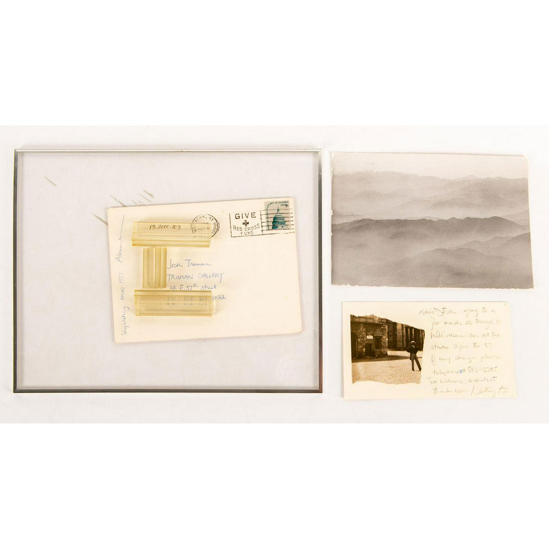 Dorothy Alexander (British b. 1924) 3pc Signed,: Dorothy Bohm - Dorothy Alexander Postcard 1978 (collage on postcard), Photograph #3 (photograph on postcard) and Sky Writing Series (collage on postcard) housed in glass frame. Personal handwritten po