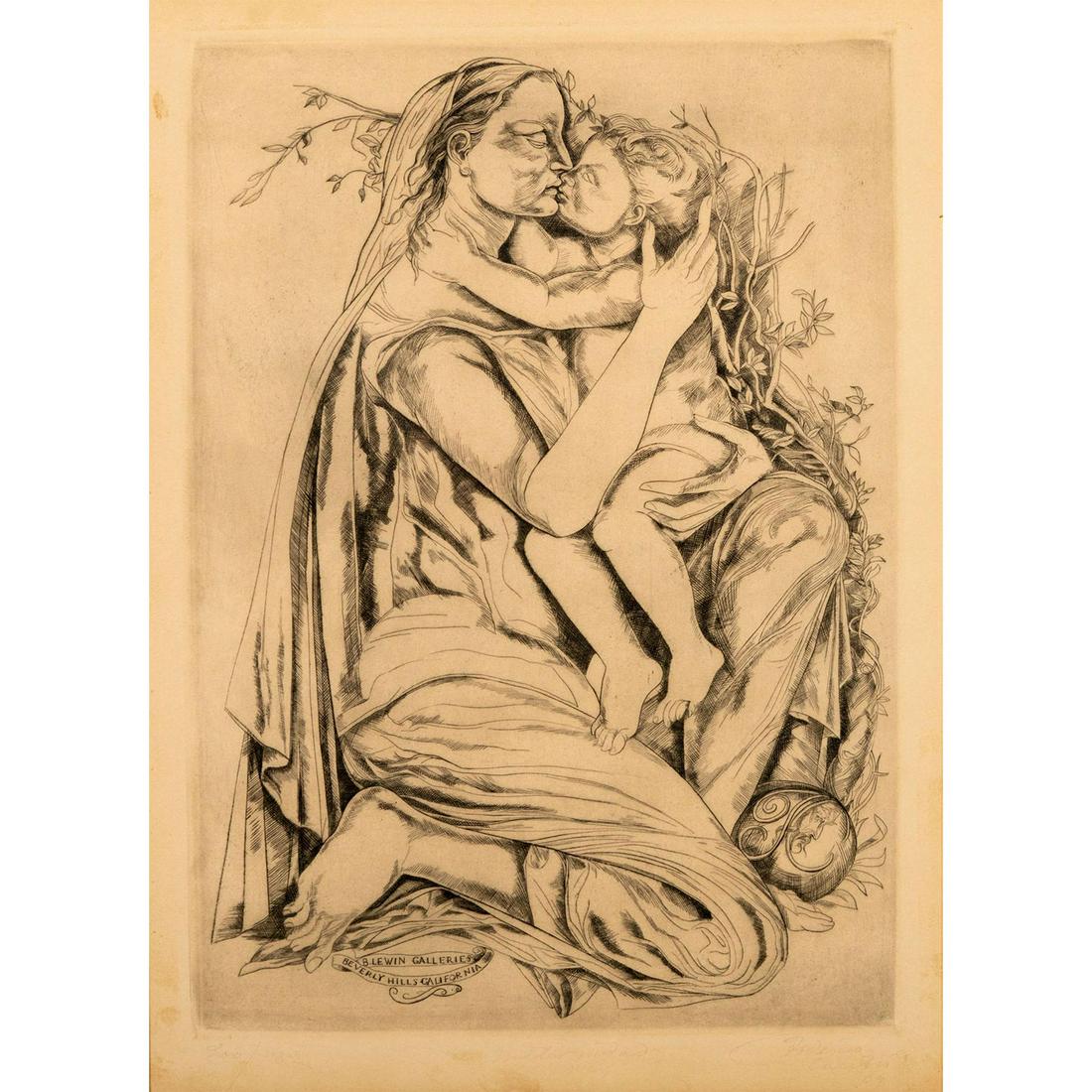 Federico Cantu (Mexican 1908-1989) Signed Lithograph,: Original lithograph depicting a mother and child. Housed in gilded frame. Hardware to back. Pencil signed along the bottom. Limited edition number 132 of 200. Cantu's monogram 'FC' can be seen next to