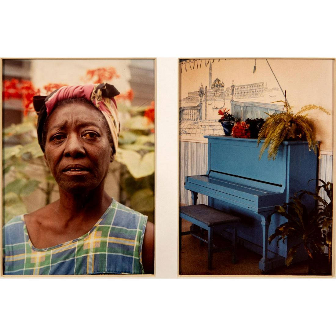 Marcia Walkenstein (American) Diptych Photographs,: Set of two Ektacolor prints on paper from the South Beach series. Depicting a headshot of a woman and a blue piano. Photographs housed between two custom mattes, Photographs taken in the Miami Beach, 