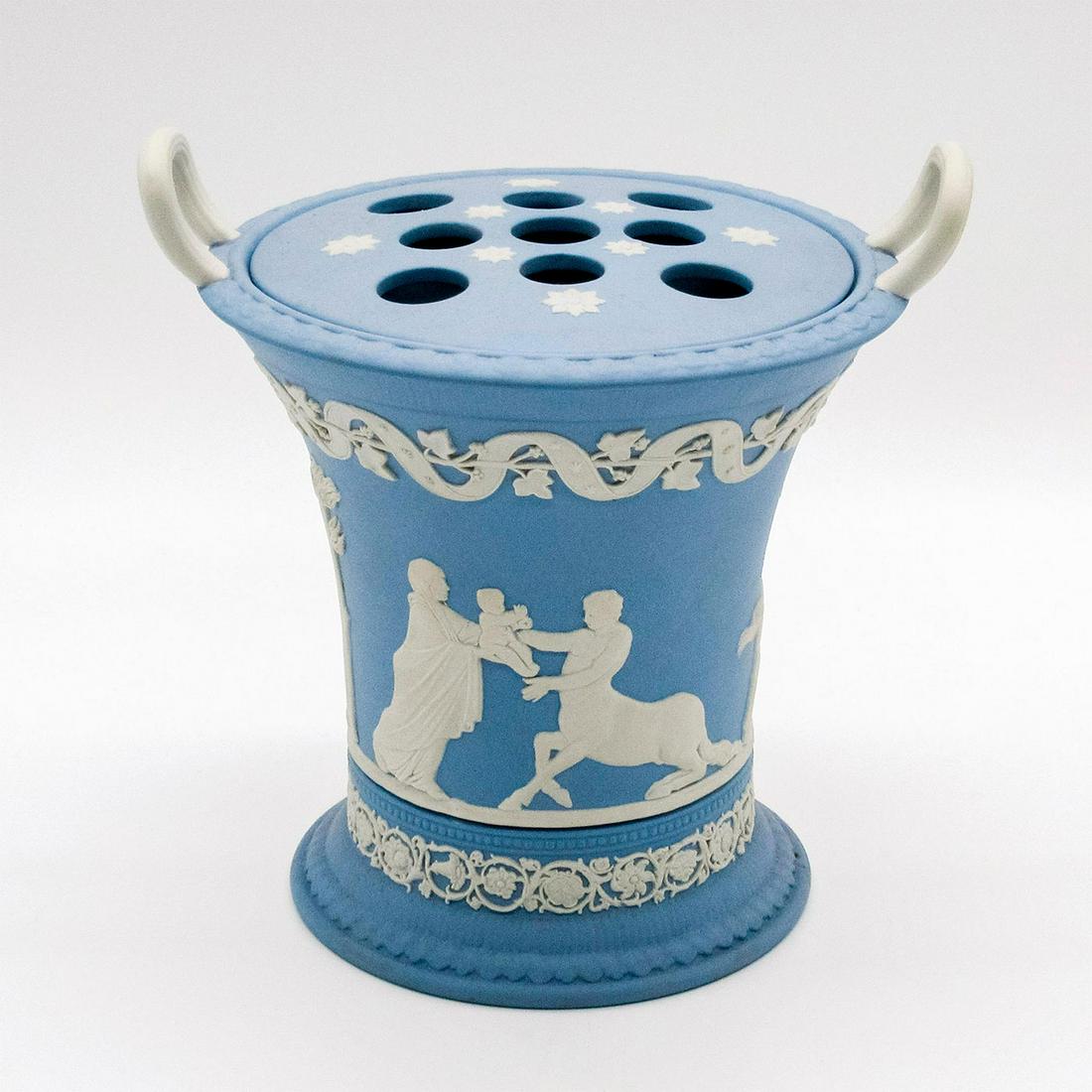 Wedgwood Pale Blue Jasperware Potpourri Vase: Double handled; pierced lid; white Grecian decorations in relief. Wedgwood impressed on the bottom. Good condition. #wedgwood #jasperware #potpourri Issued: 20th c. Dimensions: 6"H Manufacturer: Wedgw