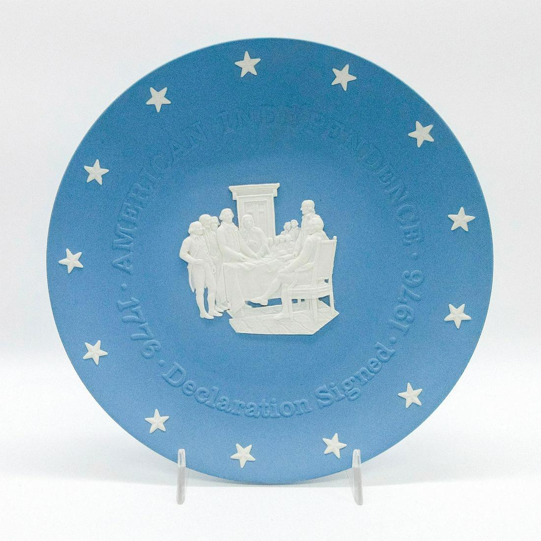 Wedgwood Jasperware Plate, American Independence: Declaration Signed. Pale blue ground; central scene in white relief. Celebrates 200 years of American Independence 1776-1976. Wedgwood backstamp. #plate Issued: 20th c. Dimensions: 8" dia Manufacturer