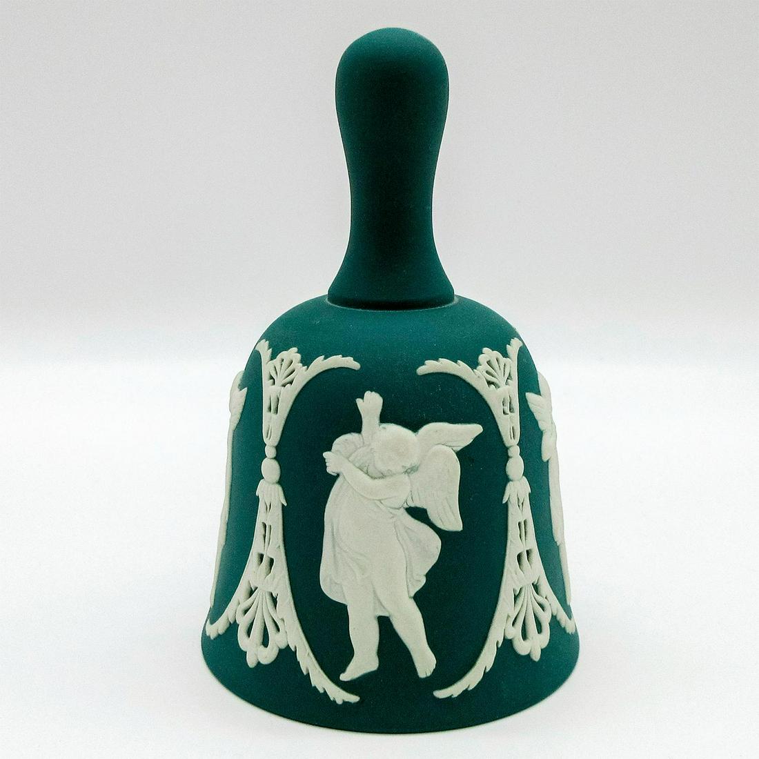 Wedgwood Spruce Green Jasperware Bell: Matte green ground with white relief design encircling body; Cherubs pattern. Wedgwood impressed stamp. #bell Issued: 20th c. Dimensions: 4.25"H Manufacturer: Wedgwood Country of Origin: England