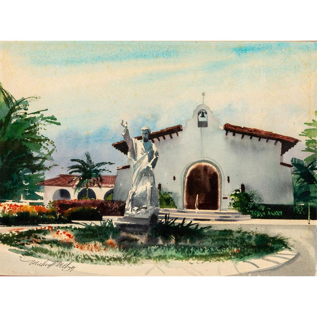 Framed, Watercolor Painting, San Pedro Catholic Church: Crimson red with gold gilded frame. Artist signed left corner. Painting of a catholic church located in Tavernier Florida. Sight size - 15.75"H x 11.75"W. Frame size - 20.25"H x 24.25"W. Issued: 20th 