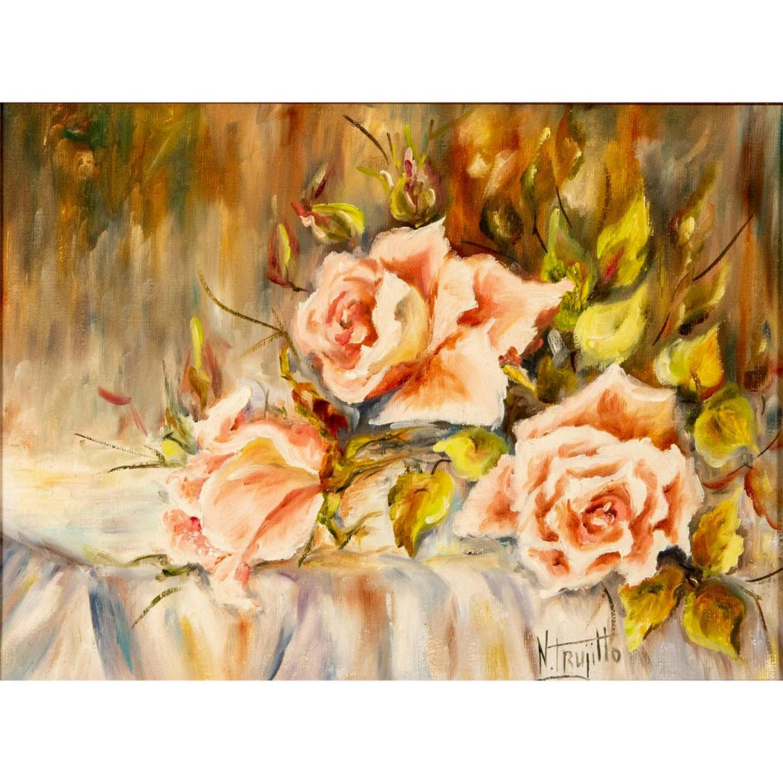 Painting on Canvas, Pink Roses on Table: Gold gilded decorative frame. Artist sign on right corner. Depicting delicate pastel pink roses on table with white linen. Sight size - 8.5"H x 11"W. Frame size - 15"H x 18"W. Artist: N. Trujillo Issu