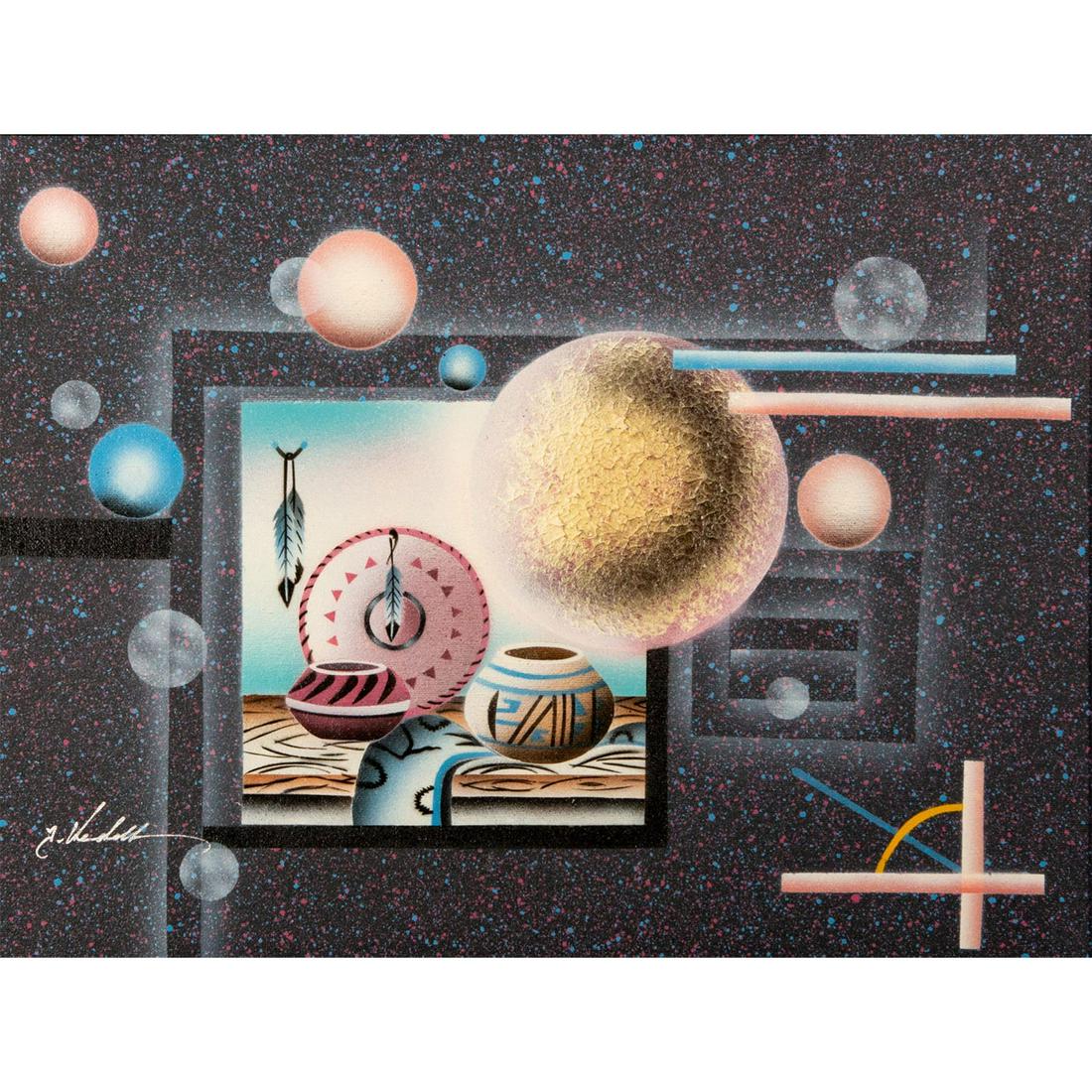 Framed, Acrylic on Canvas, Abstract Pottery Painting: Silver toned frame. Artist sign on left corner. Geometric abstraction painting blue, pink and grey coloration. Native American potteries painting in middle. Pink and blue splatter pattern background. 