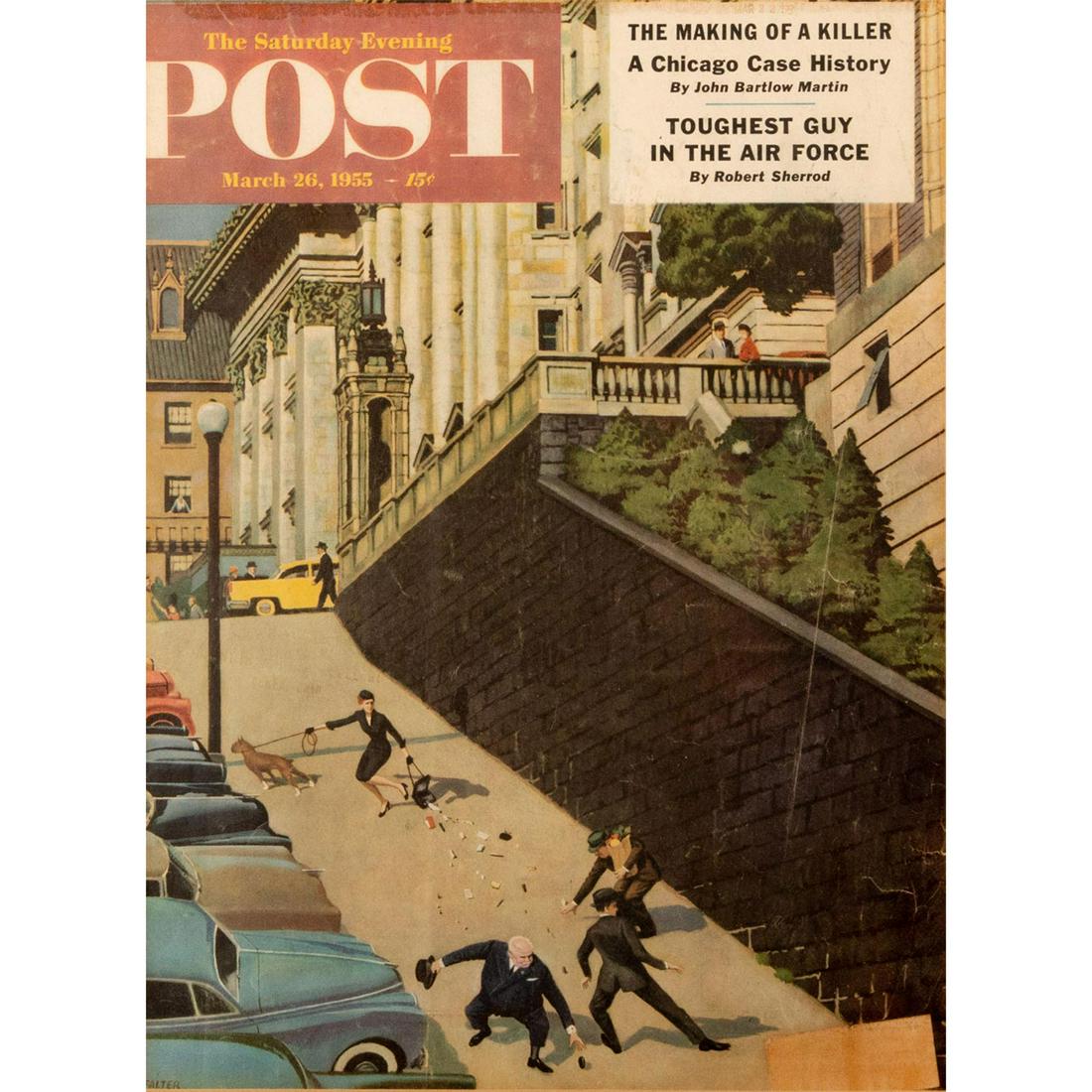 Saturday Evening Post March 26, 1955: An American magazine published cover; The Making of A Killer and Toughest Guy In The Air Force story. Housed in frame. Issued: 20th c. Dimensions: 13.25"W x 16.75"H