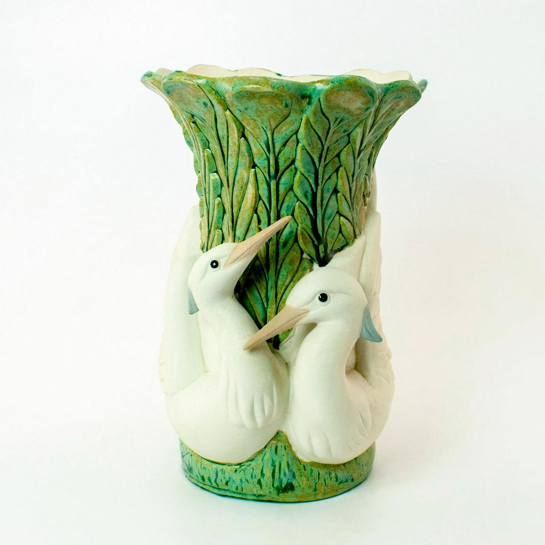 Porcelana Artistica Levantina Vase, Two Egrets, Damaged: Matte finish; Two white egrets with blue feather on head, on green leaf background. Porcelana Artistica Levantina (PAL) backstamp. Head of left egret reglued. Issued: 20th c. Dimensions: 9.25"H x 6.5