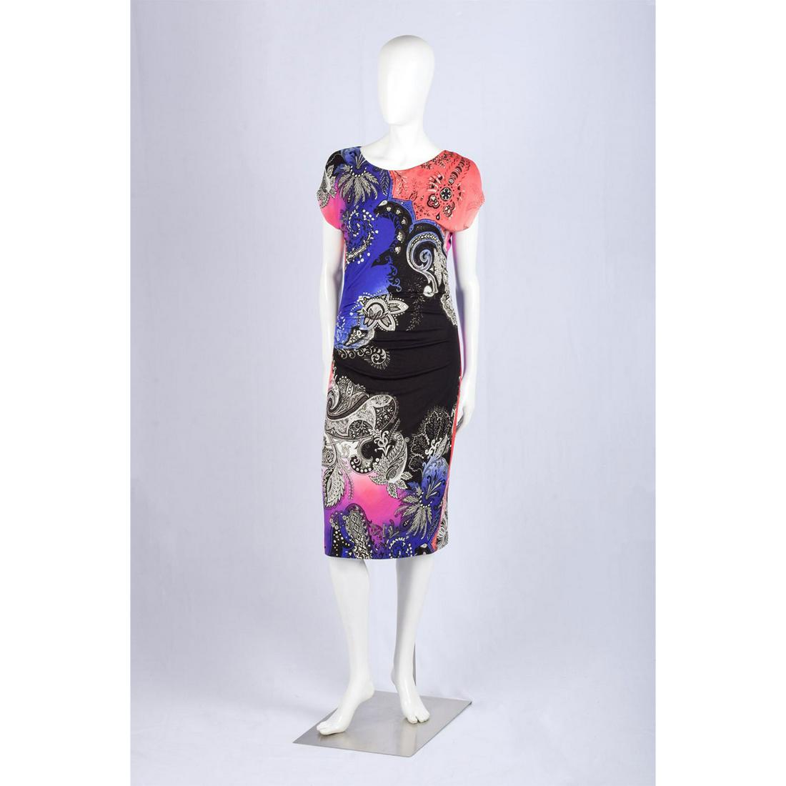 Etro Milano Sleeveless Multicolored Floral Dress: Italian size 48. 100% viscose. Internal: 65% acetate, 35% polyamide. Pink, purple, blue, and black. Etro tag attached. Good condition. #etro #milano #italy #dress #viscose #floral Issued: 21st c. Dime