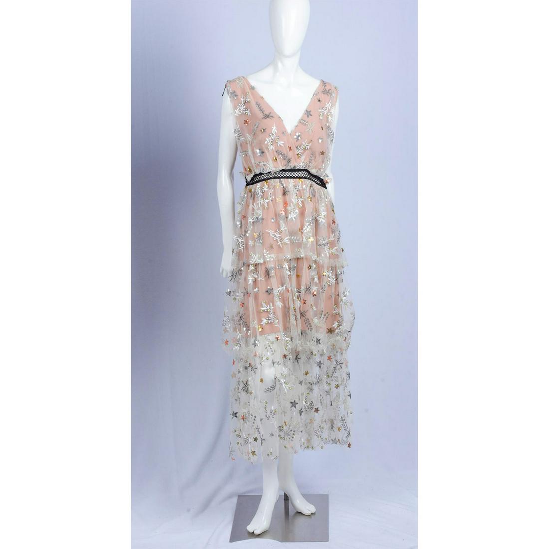 Self-Portrait, Empire Waist Embroidered-Tulle Dress: NWT. Nude colored V-neck dress; sequin stars, gold and white floral embroidered tiered tulle dress. Self-Portrait tag. Side zipper closure. Material: 58% Polyester, 38% Polyamide, 6% Metallised Fibre.