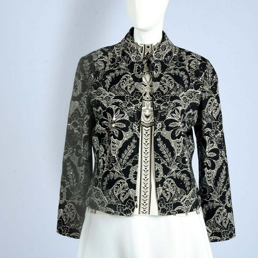 St. John White and Black, Jacket and Sleeveless Top: Jacket size 2; White floral embroidery with silver sequin and rhinestone accents. Top size P. Flat measurements (inch); Jacket (Frond zipper closure) Size 2, Shoulder to shoulder 15.5", Sleeve length