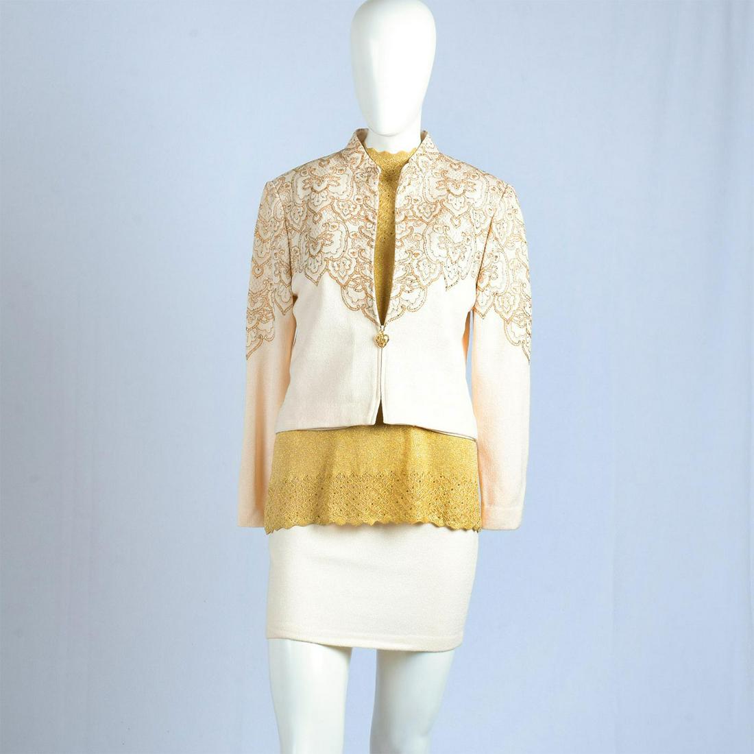St. John White and Gold, Jacket, Sleeveless Top and: Jacket size 4; Gold foliate design embroidery with rhinestone accents. Top size P. Skirt size 2. Heart shaped metal zipper charm. Flat measurements (inch); Jacket (Front zipper closure) Size 4, Should