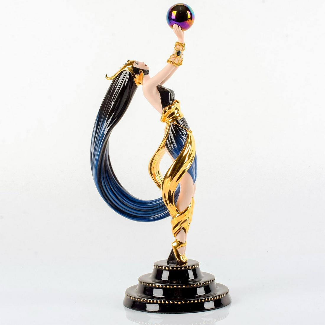 Franklin Mint House of Erte Figurine, The Globe: Hand-painted porcelain; coated in 24 karat gold; adorned with a multi-hued sphere. Limited edition of 9,500. Includes original box and certificate of authenticity. Franklin Mint backstamp. Good condit