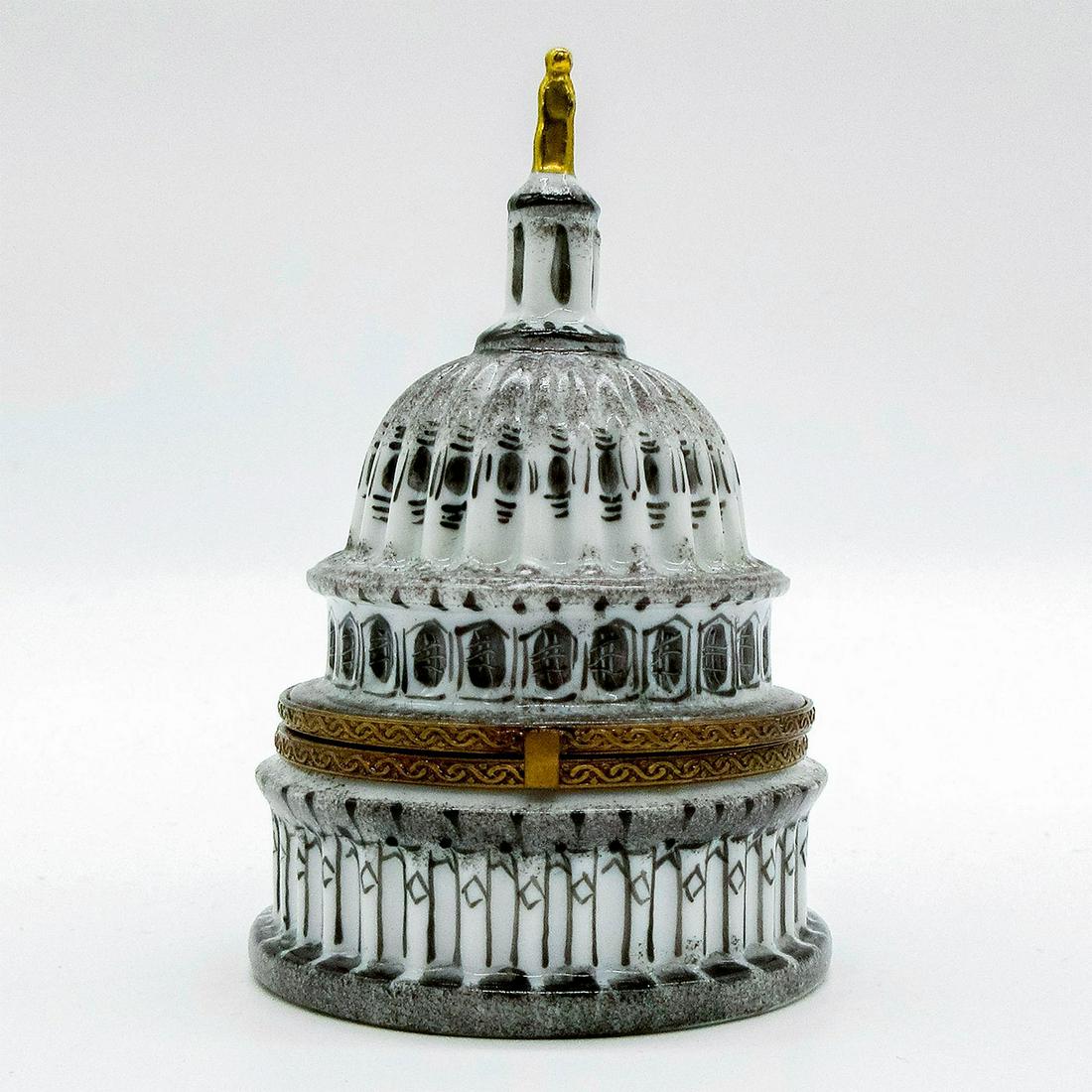 Limoges France, United States Capitol Dome Trinket Box: Limited edition 22 of 1,000. Hand-painted; gold gilt accents. Limoges backstamp. #USA Issued: 1999 Dimensions: 3.5"H Manufacturer: Limoges Country of Origin: France