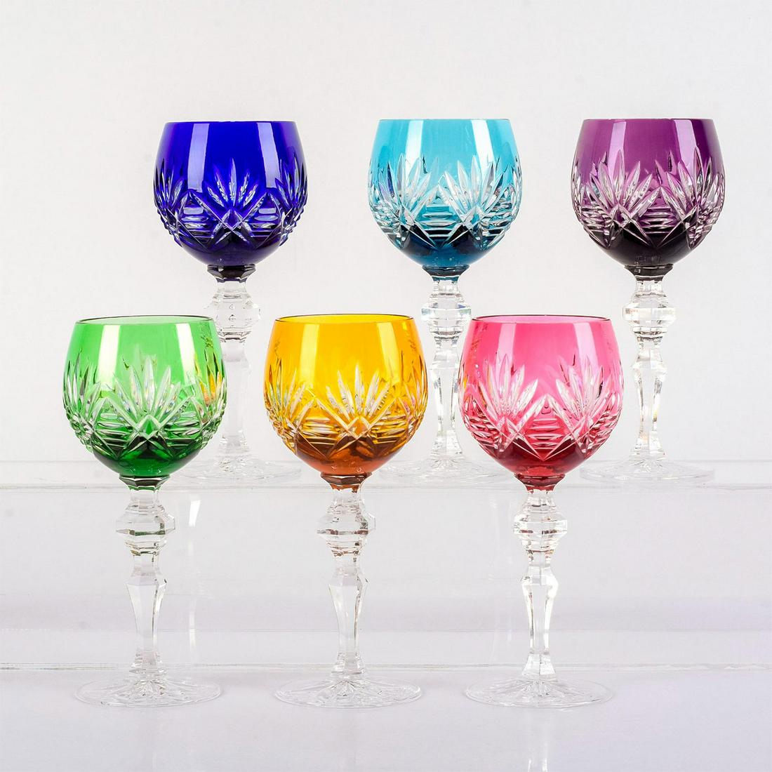 Set of 6 Multicolored Crystal Cut Wine Hock Glasses: Handcrafted crystal glasses in red, violet, green, yellow, navy and sapphire colored overlay cut to clear. Stars and stripe designs with a hexagon stem. Weight: 10.6oz each #goblet #hock #crystal Issu