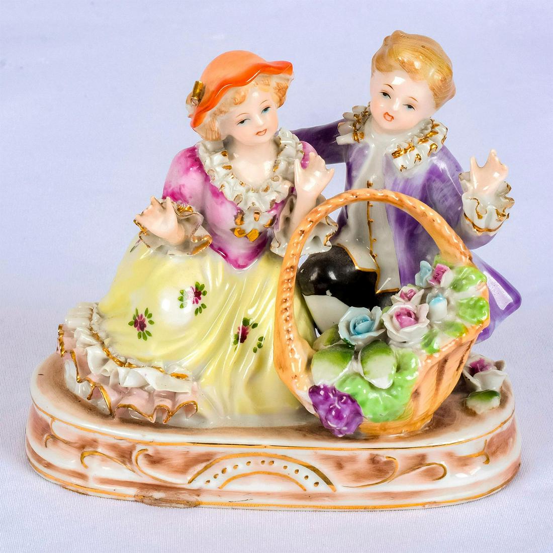 Vintage Bone China Lace Figurine, Children With Basket: Porcelain figure with bone china lace detail; gilt accents. Young girl and boy with large flower basket. Age related wear. Weight: 1.5 lbs #figurine Issued: 20th c. Dimensions: 6.5"H