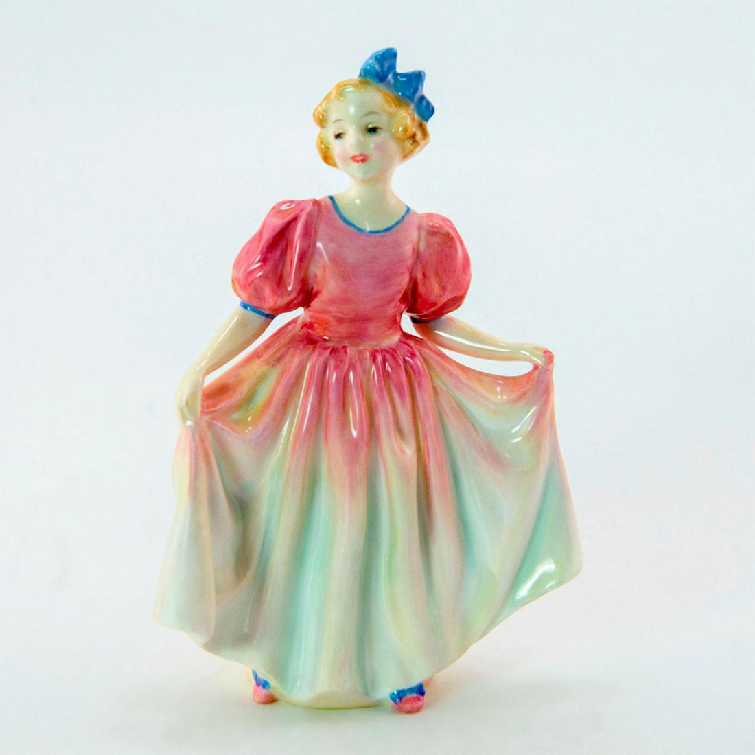 Sweeting HN1935 - Royal Doulton Figurine: Bone China. Girl holding the skirt of her pink dress, with a blue bow headband. Series: Harradine; Child Classics. Royal Doulton backstamp. Artist: Leslie Harradine Issued: 1940 - 1973 Dimensions: 6"H