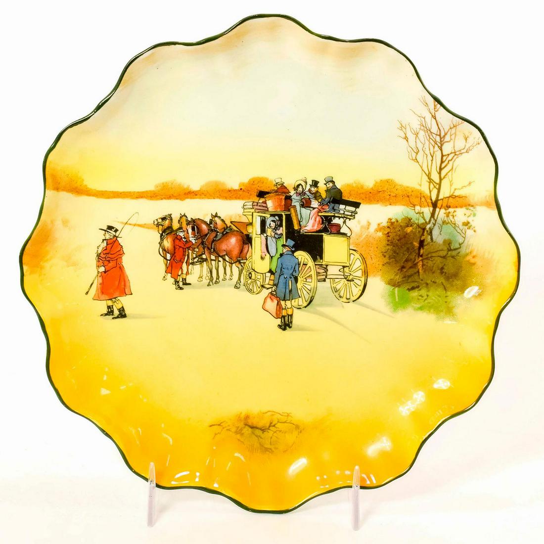 Royal Doulton Series Ware, Coaching Days Plate: Scalloped plate. Group of passengers on a yellow coach. Royal Doulton backstamp. #royaldoulton #seriesware #coachingdays Artist: Victor Venner Issued: 1905 - 1955 Dimensions: 8" dia. Manufacturer: Roy