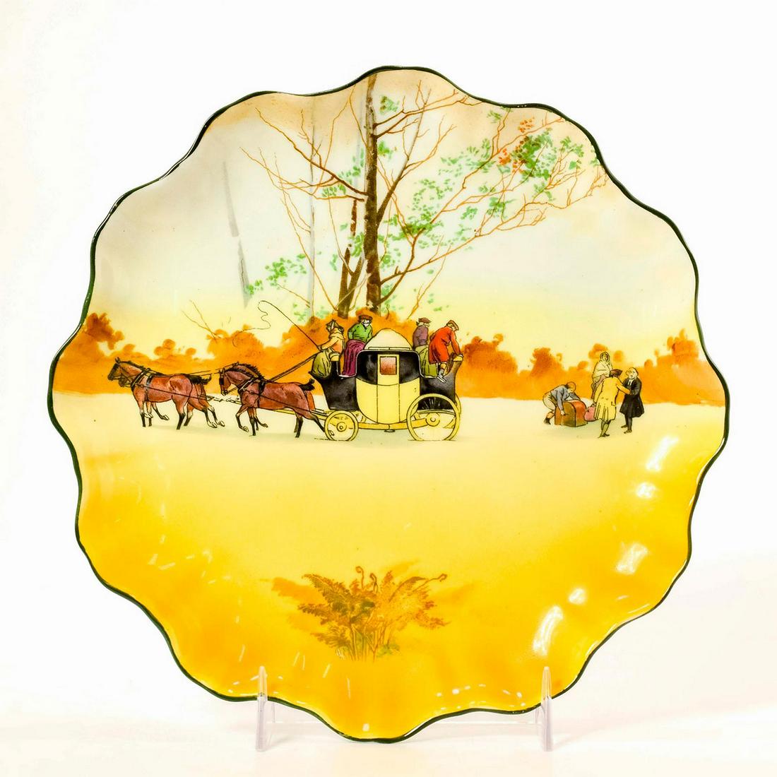 Royal Doulton Series Ware, Coaching Days Plate: Scalloped plate. Man with trunk, coach approaching through snow. Royal Doulton backstamp. #royaldoulton #seriesware #coachingdays Artist: Victor Venner Issued: 1905 - 1955 Dimensions: 8" dia. Manufact