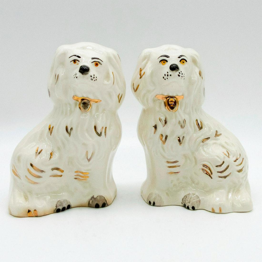 Pair of Royal Doulton Figurines, Old English Dogs: DA97-98. Traditional Staffordshire Dogs Series. White glazed; gilt accents. Doulton backstamps. #dogs Issued: 1989-1999 Dimensions: 3.5"H Manufacturer: Royal Doulton Country of Origin: England