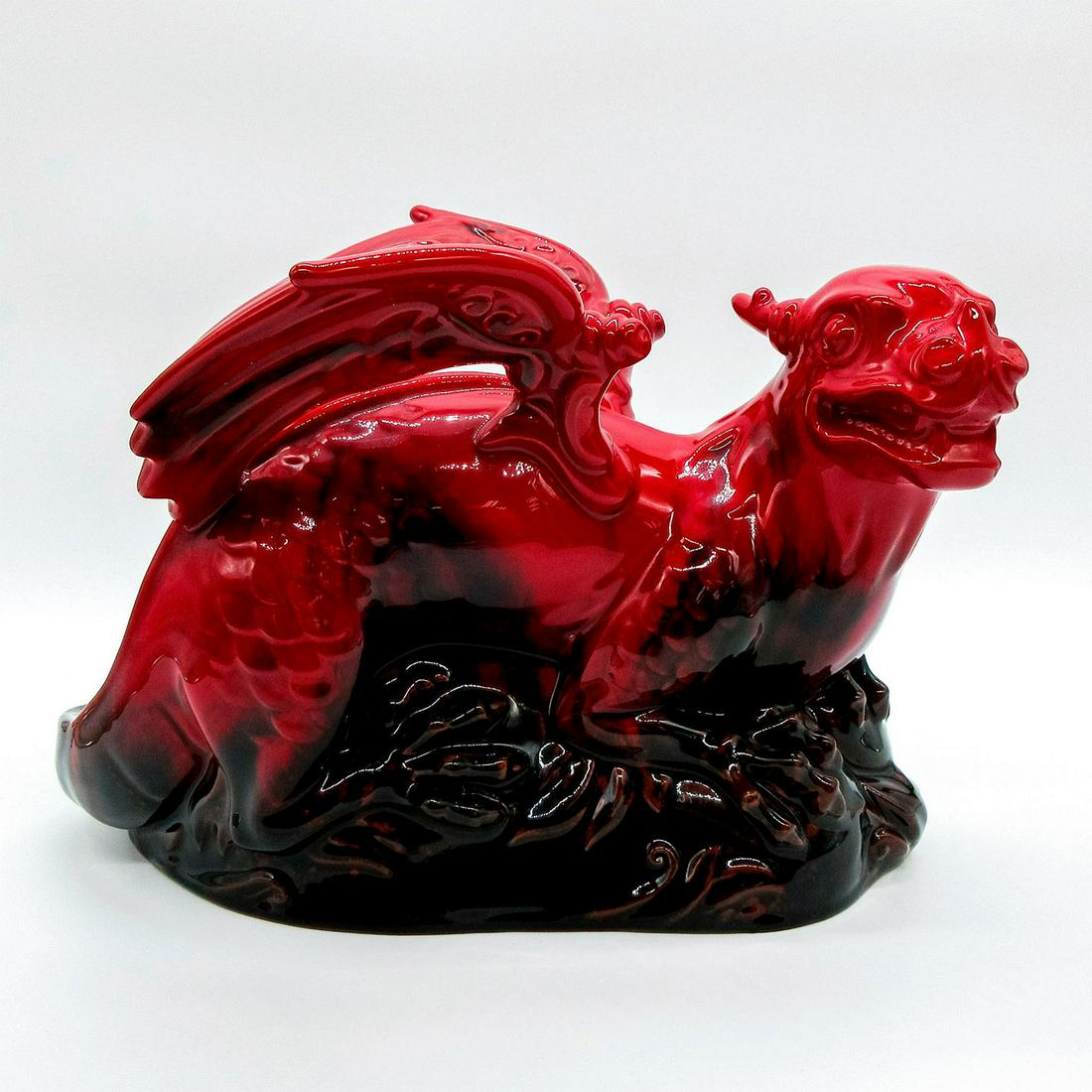 Royal Doulton Flambe Dragon Figurine, 2085: Red glaze in high relief; orange and black coloration to base. Exquisite detail and designs. Royal Doulton, Flambe Veined backstamp. Weight - 3 lbs 14 oz. Good condition. #RoyalDoulton Artist: John Br