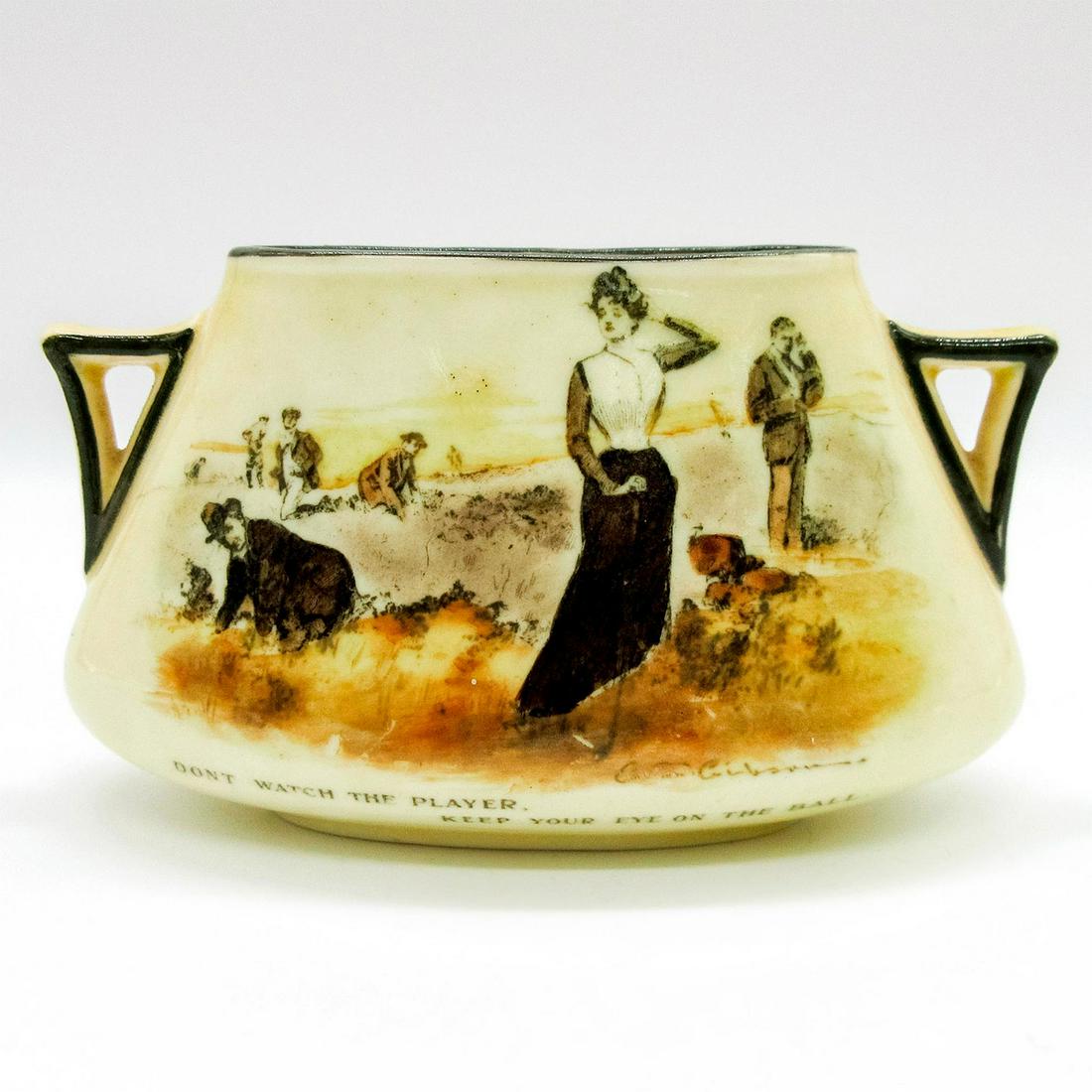 Royal Doulton Gibson Seriesware Vase, Golf: Glazed ceramic Seriesware double handled vase; Golfing scene; Gibson Series. Depicts designs by the famed American illustrator, Charles Dana Gibson. Doulton backstamp. #vase #CharlesGibson Issued: 20t